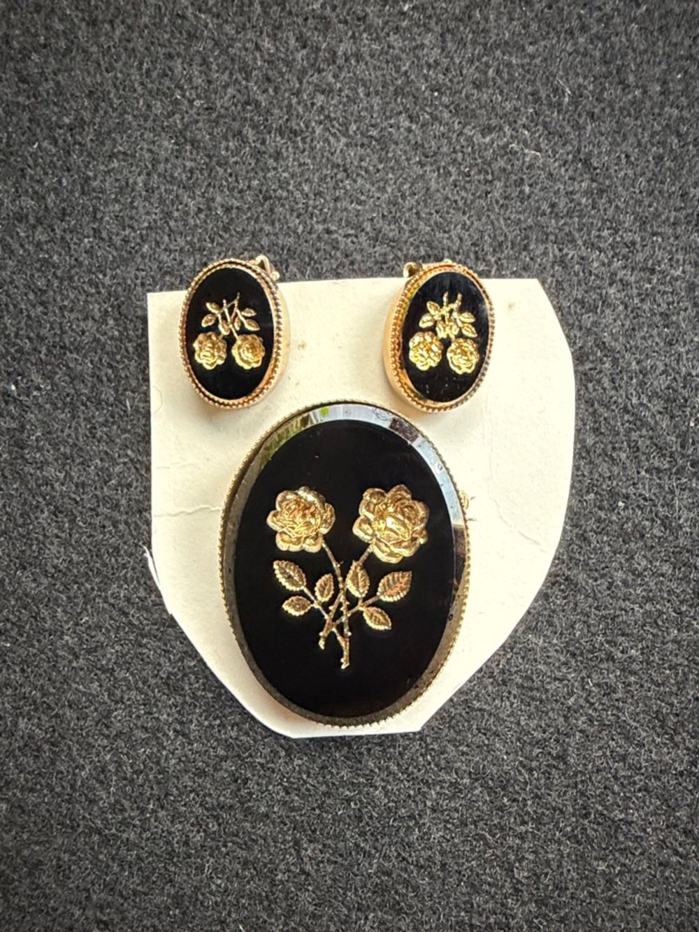 Gold Floral Rose Black Oval Brooch and Earring Set